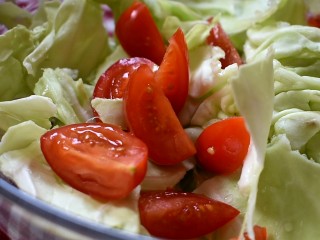 低脂蔬菜沙拉,将卷心菜和小番茄倒入一个大的容器中