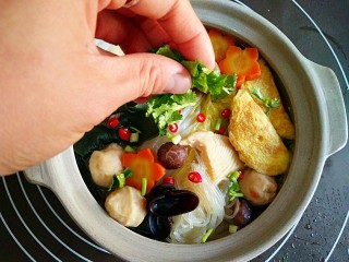 什锦蔬菜煲,撒上小米辣圈和香菜，齐活儿。