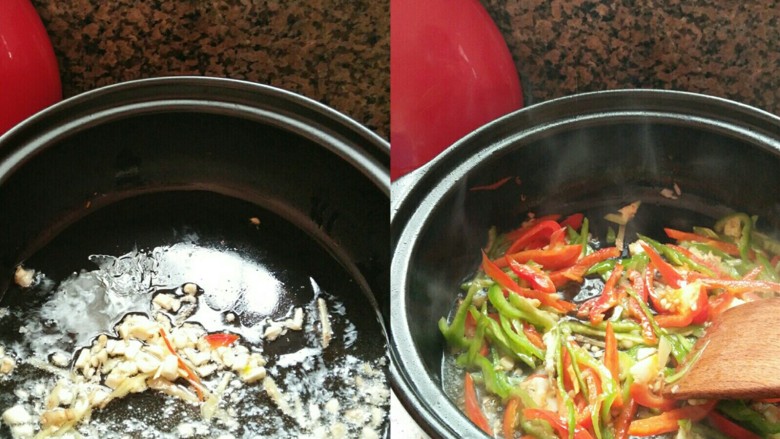 《爆炒腰花》,热锅凉油，放姜丝大蒜末爆香后，放青椒红椒丝