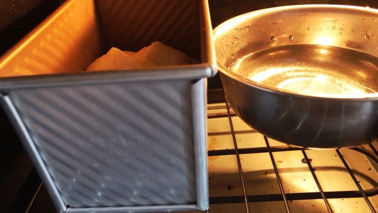 手撕椰蓉吐司,放在烤箱内，里面放一大碗热水，让面团在这种湿润温热，密闭的环境中进行2次发酵。