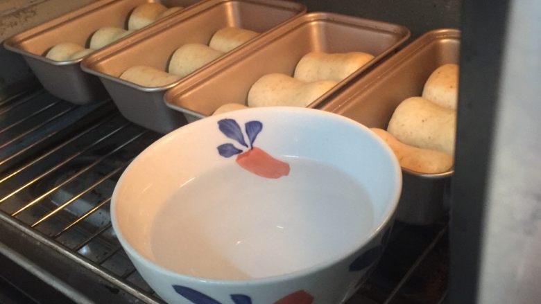胚芽吐司,烤箱放入一碗热水。启动冬季发酵模式，二发建议温度在35度之间。