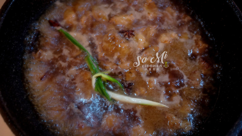 牛肉炖土豆（私房菜）,倒入热开水浸没牛肉块，加入葱、部分干辣椒后，盖上锅盖中火炖40分钟