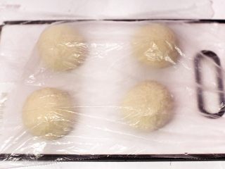 法国大蒜面包,将面团分割四等分，排气滚圆盖保鲜膜松弛30分钟。