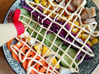 彩虹沙拉――增肌减脂两不误的健身餐,在第一层上面挤上适量沙拉酱。