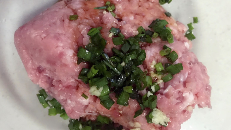 翡翠猪肉白菜饺子,葱和姜末倒入搅好的肉末里，加入一勺生抽。
