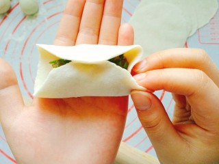 双味饺子-附详细和面、包法,用右手捏上一角。