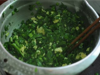 韭菜盒子,韭菜切末，淋入适量的植物油，拌匀，将鸡蛋、肉末、韭菜末一起放入容器，加入盐，拌均匀