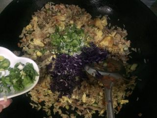 杂蔬肉丝蛋炒饭,关火，放紫甘蓝，青蒜末拌匀即可