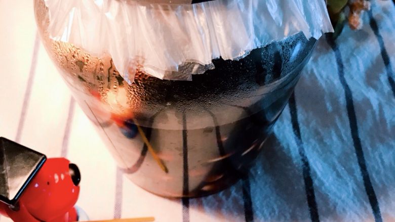 舌尖上的翡翠碧玉——陈醋腊八蒜,醋酸会腐蚀金属瓶盖，因此垫上保鲜膜封住罐头瓶口后，再拧紧罐头瓶盖。