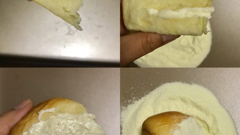 奶酪包,将面包按照纹路一个一个撕开，中间划两刀 填上奶酪馅 表面也抹一层 喜欢多馅的就多抹一点 、最后表面粘上奶粉就可以啦