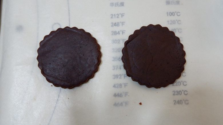 棉花糖可可饼干,先用大口径的压出2个圆形。