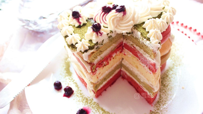 彩虹奶油蛋糕,简简单单，不需要会裱花也是很不错的哦，裸蛋糕今年流行，切开来看看。