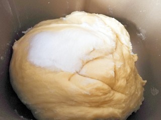 牛油果奶酪小餐包～一次发酵,十五分钟后（用手拉有厚膜）加入椰子油（采用的是后油法）