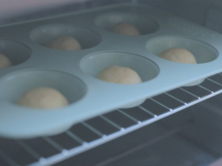 小小牛牛堡「厨娘物语」,取出排气，分成30g一个的小面团揉成圆形放入马芬模具中。（这个配方大概可以做12个马芬大小的汉堡胚）放入烤箱，加入一盘温水进行第二次发酵。（第二次发酵的温度在35度左右）