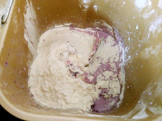 仿真紫薯包（蔓越莓麻薯馅）,紫薯牛奶玉米油在底下，面包粉，糖，盐，酵母都在上面，揉面，40分钟左右