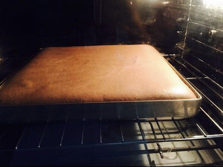 可可蛋糕卷,再倒入烤盘  表面抹平震出大气泡  我用的是油布
放入预热好的烤箱中  150度  中层  30分钟左右