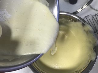 松饼🥞改良原味松饼,再把刚才切拌均匀的面糊倒回到剩下的鸡蛋糊中，切拌均匀。