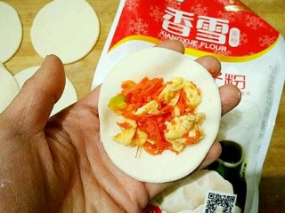 素饺子,在饺子皮中间填上适量的馅。