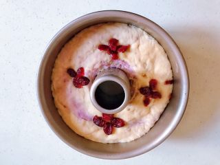 双薯发糕（红薯➕紫薯 揉面版）,醒发好的发糕放上蔓越莓/葡萄干等装饰一下