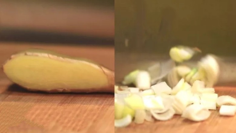 红茄松鼠脆鱼,一:准备食材
生姜切成五片，再切细姜丝，大葱段取1指长度，切成葱花备用。