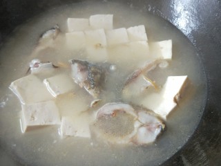 奶白鲫鱼豆腐汤,再次烧开后放入豆腐块儿
