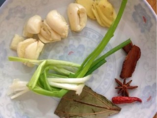 极致诱惑——卤猪蹄,准备好生姜、葱，桂皮，香叶，红辣椒，八角，花椒放盘子里；