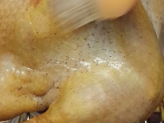 家庭自制烤鸭,将鸭子取出来，再刷一层蜜水。翻个面儿再次放入烤箱中，继续烤半小时