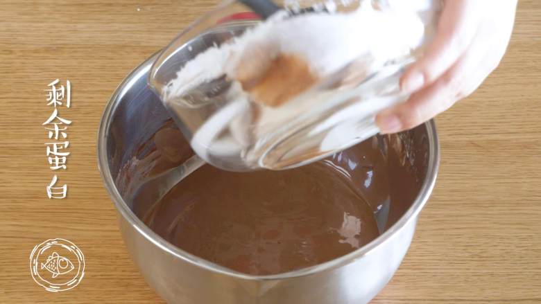 巧克力蛋糕18m+宝宝辅食,打发好的蛋白，先取一刮刀，切拌均匀~再倒入剩余的蛋白，切拌混合均匀，形成蓬松流畅的面糊就可以啦~
tips：混合均匀后，不要再来回切拌了，防止蛋白消泡哈