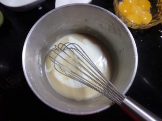 小清新柠香奶油卷（烫面法,在搅拌好的面糊中加入牛奶。用手抽或刮刀划“z”字，或“之”字翻拌均匀。尽量不要画圈搅拌，以免起筋会影响蛋糕。