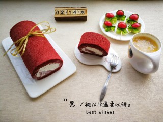 【情人节】红丝绒蛋糕卷,切块装盘