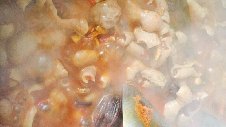 香菇烧肥肠,加入没过肥肠的水，中火熬煮至肥肠熟