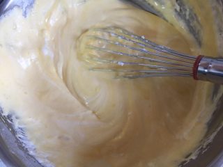 情人节快乐 520数字蛋糕送给你甜蜜的节日祝福,把打发好的蛋白取出三分之一放入到蛋黄糊中，用蛋抽混合均匀。