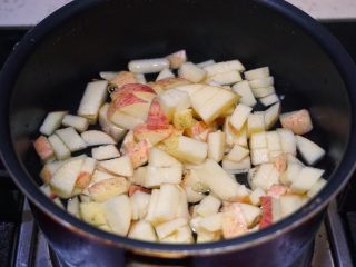 椰浆果泥坚果杯,将苹果丁放进锅里，加少许清水（半没过苹果丁），开小火煮。