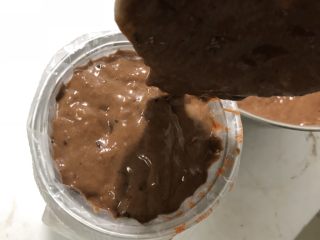 巧克力香蕉麦芬蛋糕 ukoeo风炉制作,液体和干粉混合均匀。把巧克力放进去，再搅拌均匀。
用一个勺子或者直接拿着盆把面糊倒在一次性裱花袋子里。这样好往纸杯里倒。
