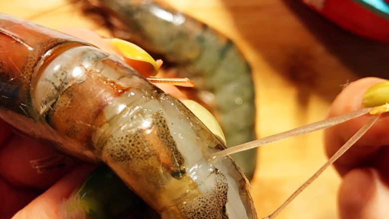 光波烘焙的芝士白汁焗海鲜饭,去虾线。