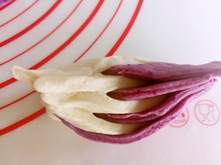 双色花卷～让孩子爱上吃饭,面团两边用手捏紧，如果面团不粘，可以用清水抹在面片之间，增加粘合性