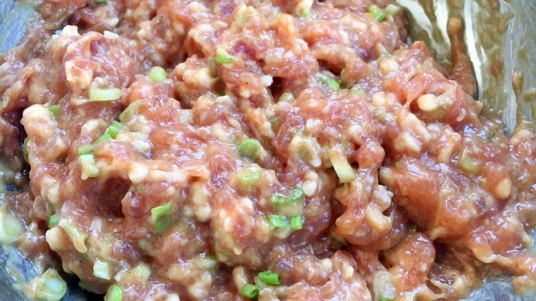 健康美味水饺 猪肉豆腐水饺,放入葱花搅拌均匀的样子。