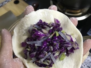 紫甘蓝粉丝虾皮蒸饺,包入馅料