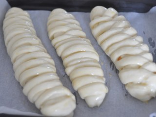 肉松辫子面包,进行2次发酵，发到2倍大，表面刷一层蛋液