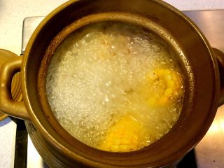 胡萝卜马蹄玉米猪骨汤,保持沸腾状态15分钟，中间撇去浮沫。