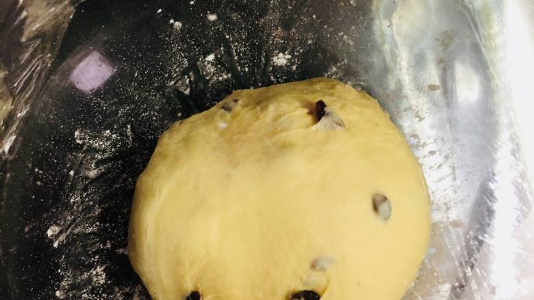 蔓越莓奶酪夹心软欧圈,容器覆盖保鲜膜，进行基础发酵。温度25至28度，湿润75%。发酵至2个大。手指沾粉戳洞，不塌陷不回缩即可。