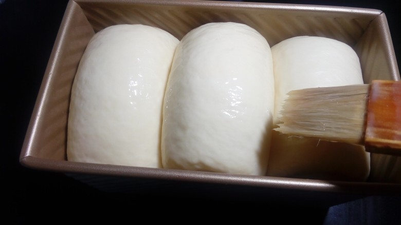 #花样吐司#波兰酵头酸奶吐司,烤山形吐司发到模具九分满。入炉前轻轻的刷上一层蛋液，会比较容易上色。  