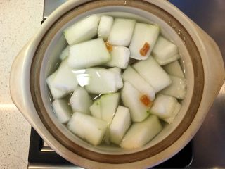 白贝冬瓜汤,砂锅里加水，放入姜片、冬瓜，大火煮开后转小火煲半小时。
手头有瑶柱的话也可以放2个。