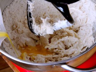 花色豆沙面包+一次发酵,加入鸡蛋液搅拌。