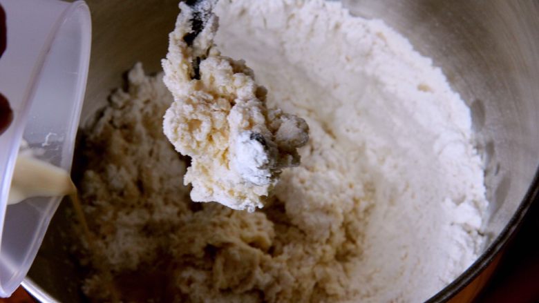 花色豆沙面包+一次发酵,加入发酵液搅拌。
