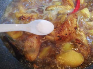 鸡全翅炖土豆,大火烧开后放一小勺盐，然后改小火炖15分钟，