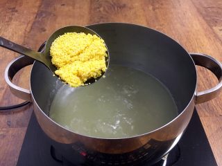鸡汁小米海参粥,将小米放入煮开的鸡汤里。