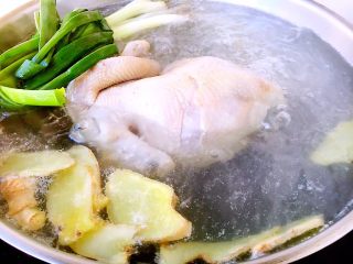 鸡汁小米海参粥,鸡1只，先用清水泡出血水，清洗干净，用凉水焯水，焯好水后用开水炖，炖的时候放入去腥的姜片和葱。