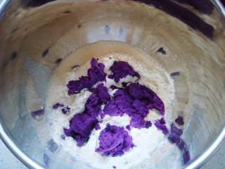 紫薯葡萄干欧包,面粉中倒入盐，酵母粉用温水（分量内）融化后倒入面粉中。倒入紫薯泥。