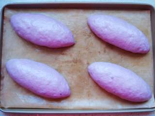 紫薯葡萄干欧包,依次做好，放入烤盘中。盖上保鲜膜开始第二次发酵。（时长约40分钟）